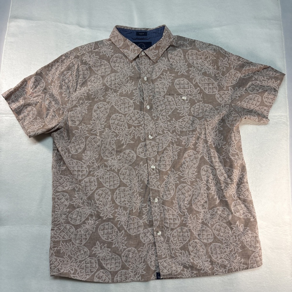 Even Tide Linen Blend Pineapple Button Up Short‎ Sleeve Shirt- XL Short